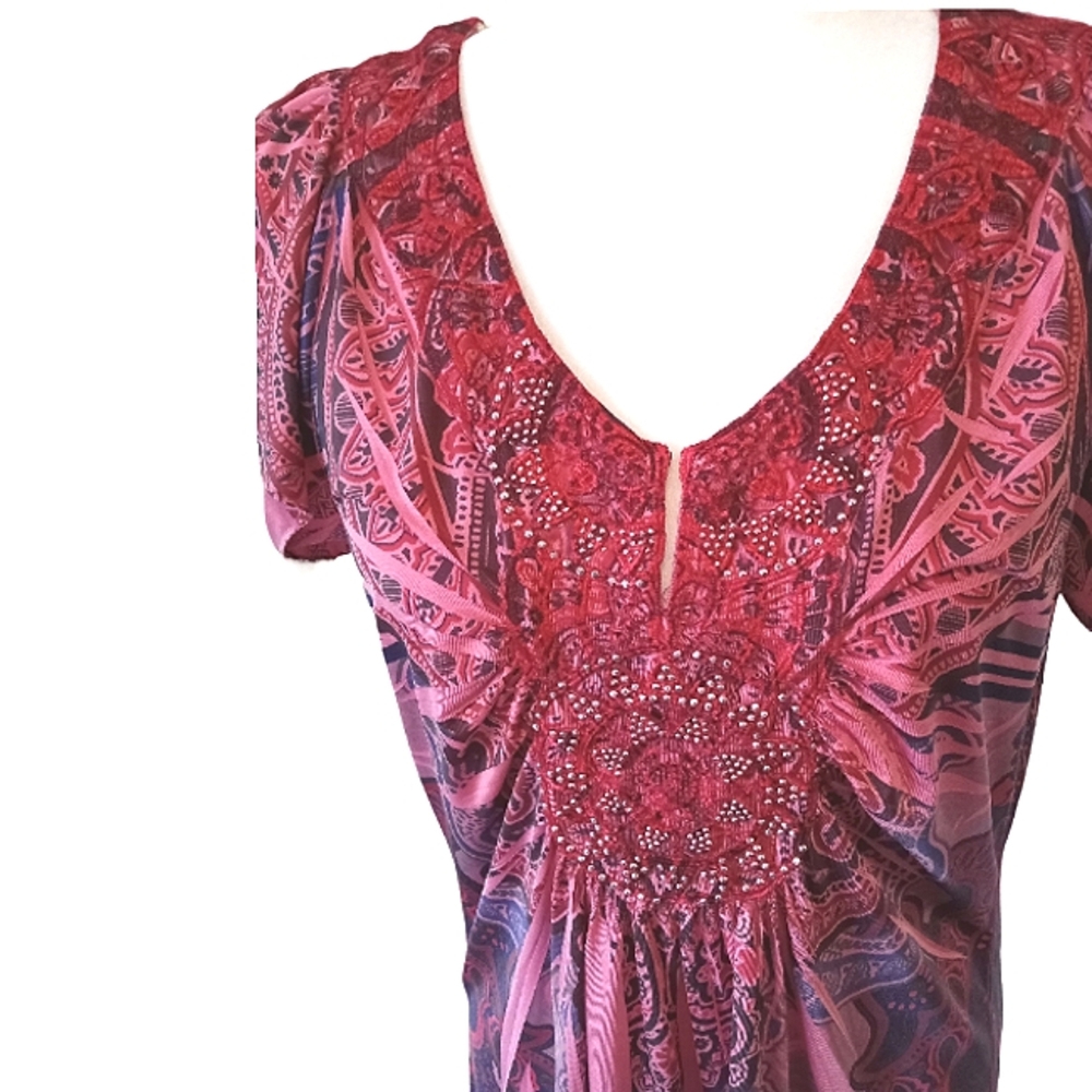 AztecTribal V-Neck Boho Short-Sleeve Top-L